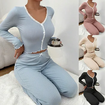 Women's Slim Fit Sexy Lace Double Long Sleeve Pajamas Set Classic Fashionable Home Clothes for Winter Sleepwear Pants for Summer