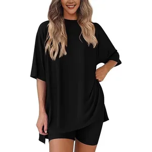 2026 New Women's Casual Round Neck Split Loose Shorts Short Sleeve Home Clothes Set