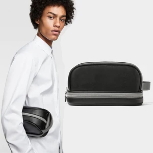 Custom Logo Black Vegen Leather Men's Dopp Kit Pouch Zipper Travel Toiletry Wash Bag for Men