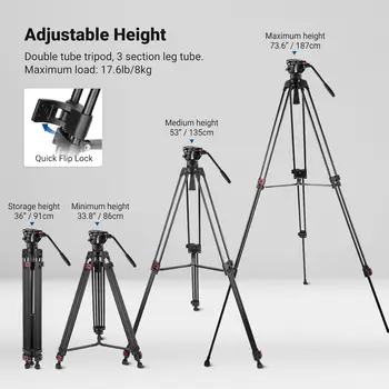 NEEWER 74" Video Tripod with Fluid Head, QR Plate , Aluminum Heavy Duty Camera Tripod Professional for DSLR Cameras Camcorders detail image