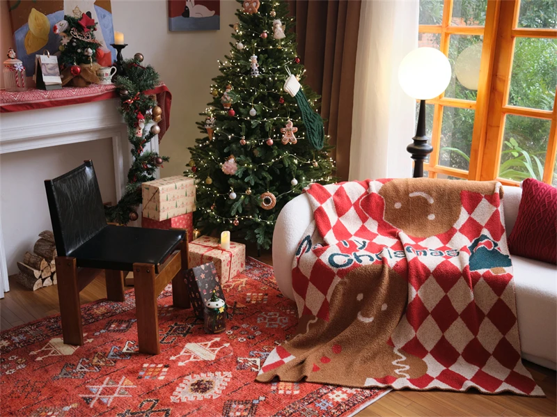 Christmas Gingerbread Man checker  100% microfiber yarn double side super cozy knit blanket details