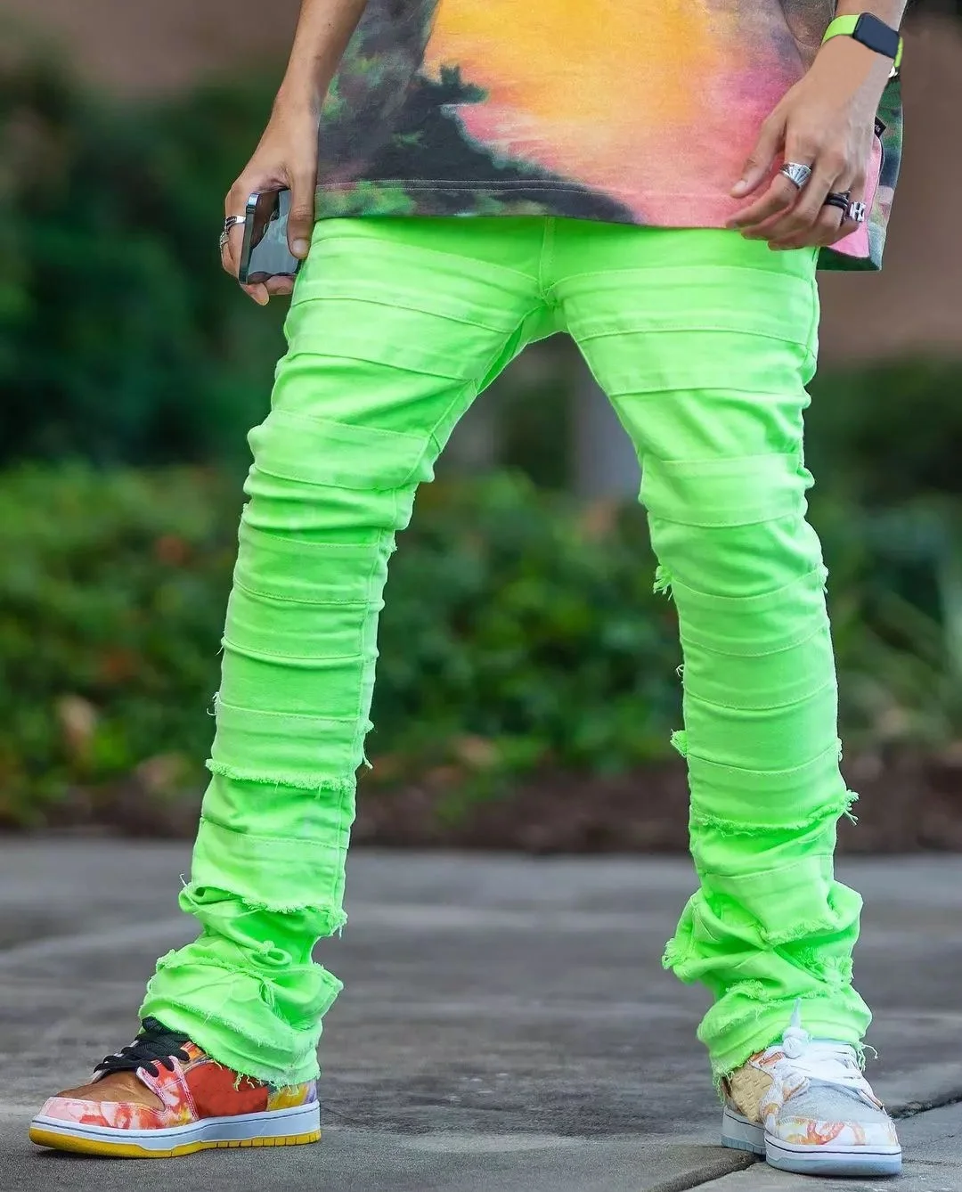 KY Fashion Clothes Low Waisted Pants Jean Skinny Men Green Men