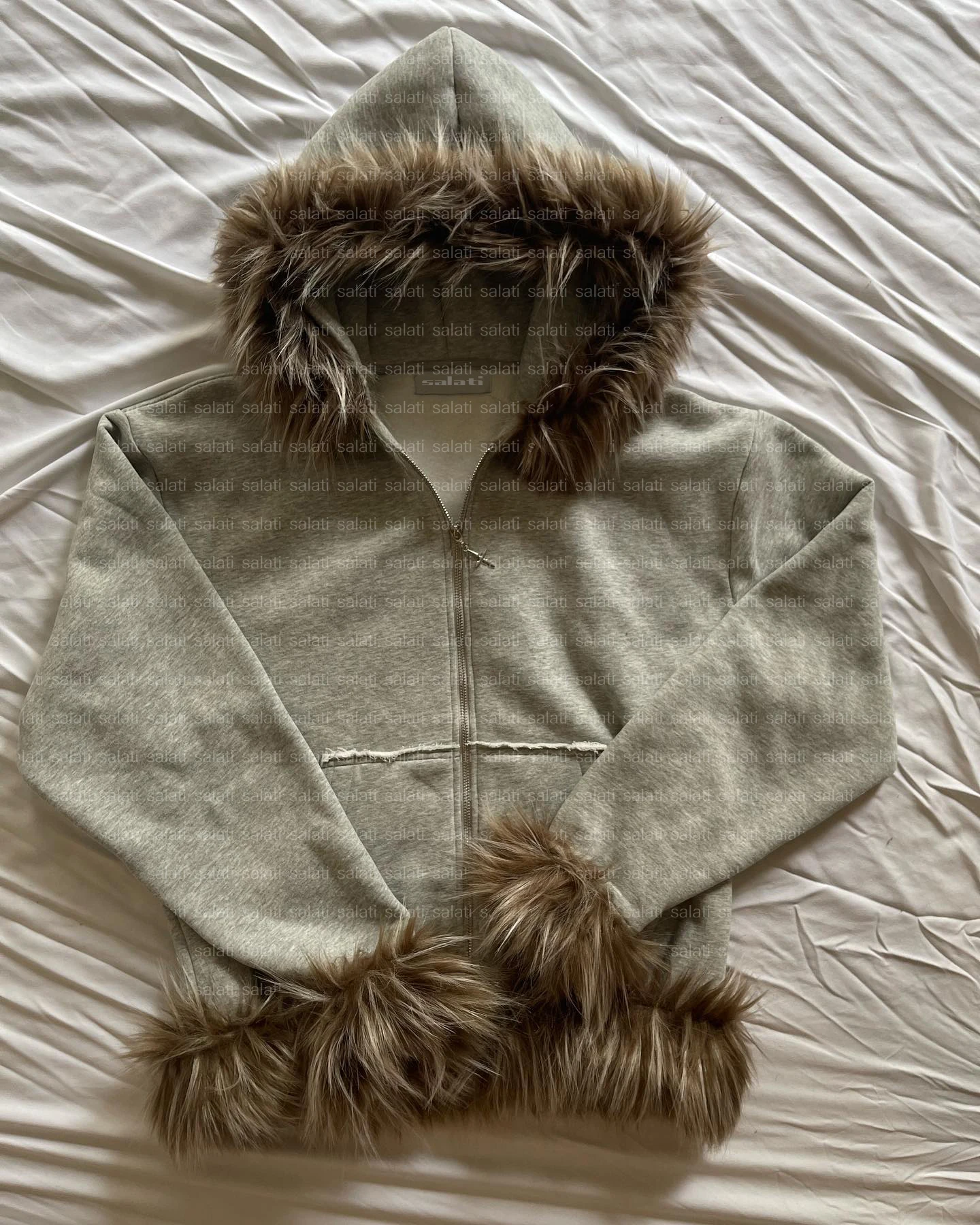 Custom Detachable Faux Fur Hoody Jacket Unisex 450GSM Heavy Cotton Terry Fleece Blank Winter Cropped Zipup Sweatshirt Hoodie Men gallery 3