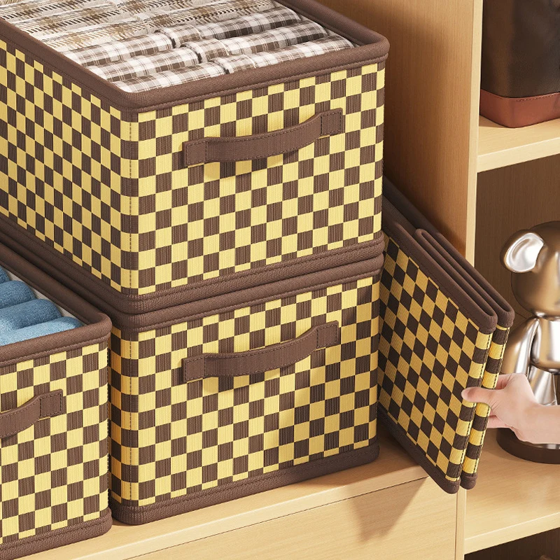 Checkered Thickened Storage Basket with Handles Collapsible Storage Box for Clothes Foldable Organizers Closet Accessories