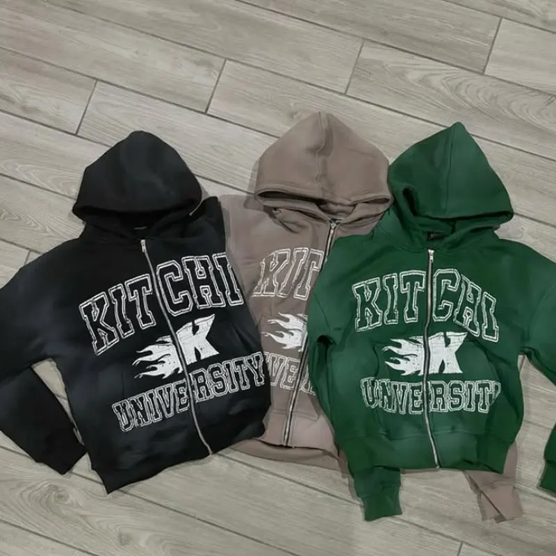Zip up Hunt Custom Black and White Sun Fade Color Streetwear 450 Gsm Camo Flare Sleeve Side Pocket Baggy Bling Rhinestone Hoodie