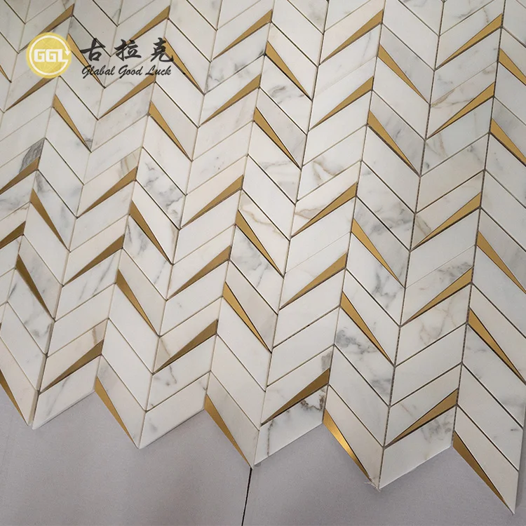 Chevron Marble Brass Mosaic Tiles For Wall And Floor Decoration & Marble Mosaics For Villa