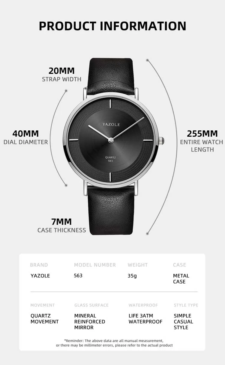 Yazole – montre à quartz unisexe de haute qualité, bracelet en cuir PU original, étanche, lumineuse, Concise, décontractée, usine, 563