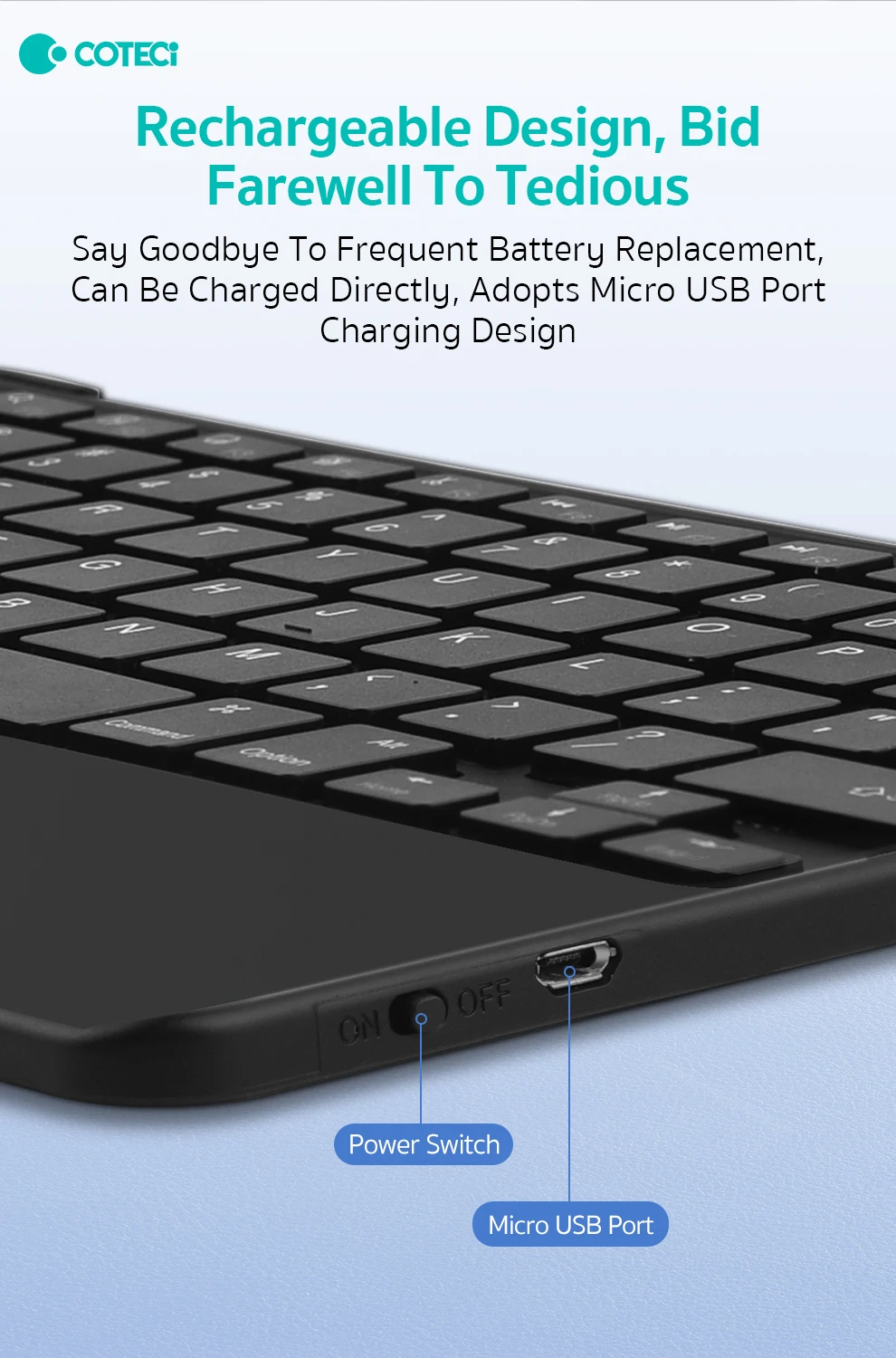 COTECi Office Use Ultra-Slim BT Business Keyboard Rechargeable Mini Wireless Tablet Keyboard With Trackpad for iPad IOS Windows