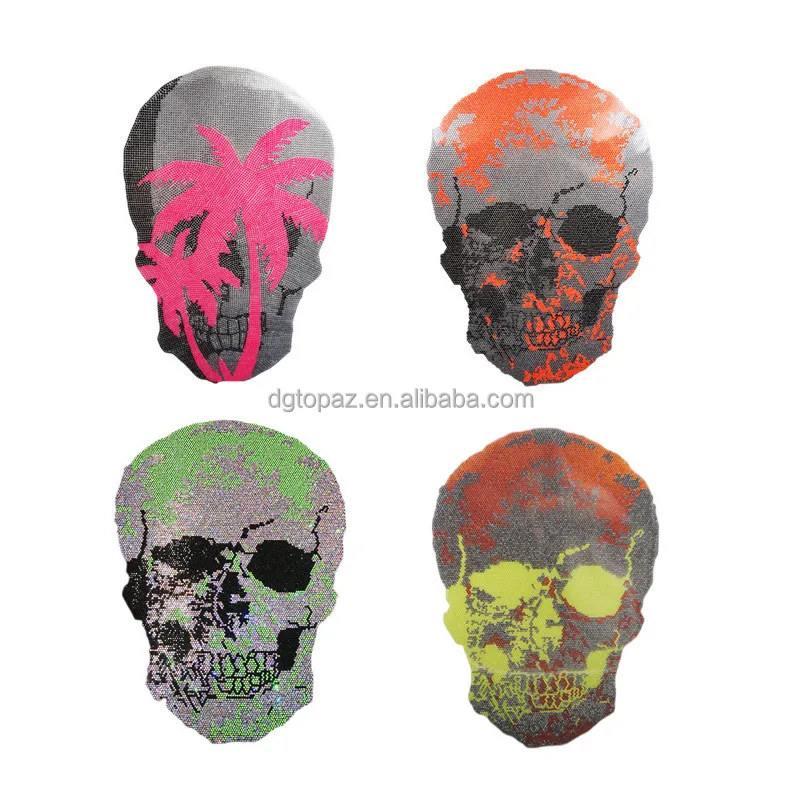 Custom logo crystal rhinestone heat transfer skull hoodie design green rhinestone motif