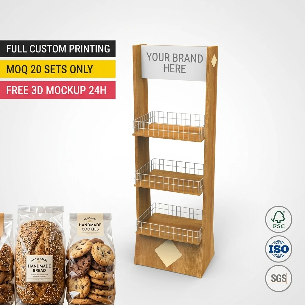 Custom Wooden Bakery Display Rack Floor Standing Bread Pastry Dessert Shelving Stand Gourmet Cookie Merchandiser Deli Fixture