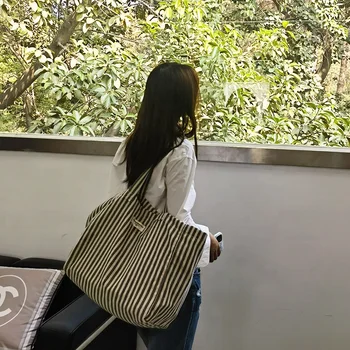 Eco-friendly Foldable Tote Bag - Striped Fabric Shopping Bag