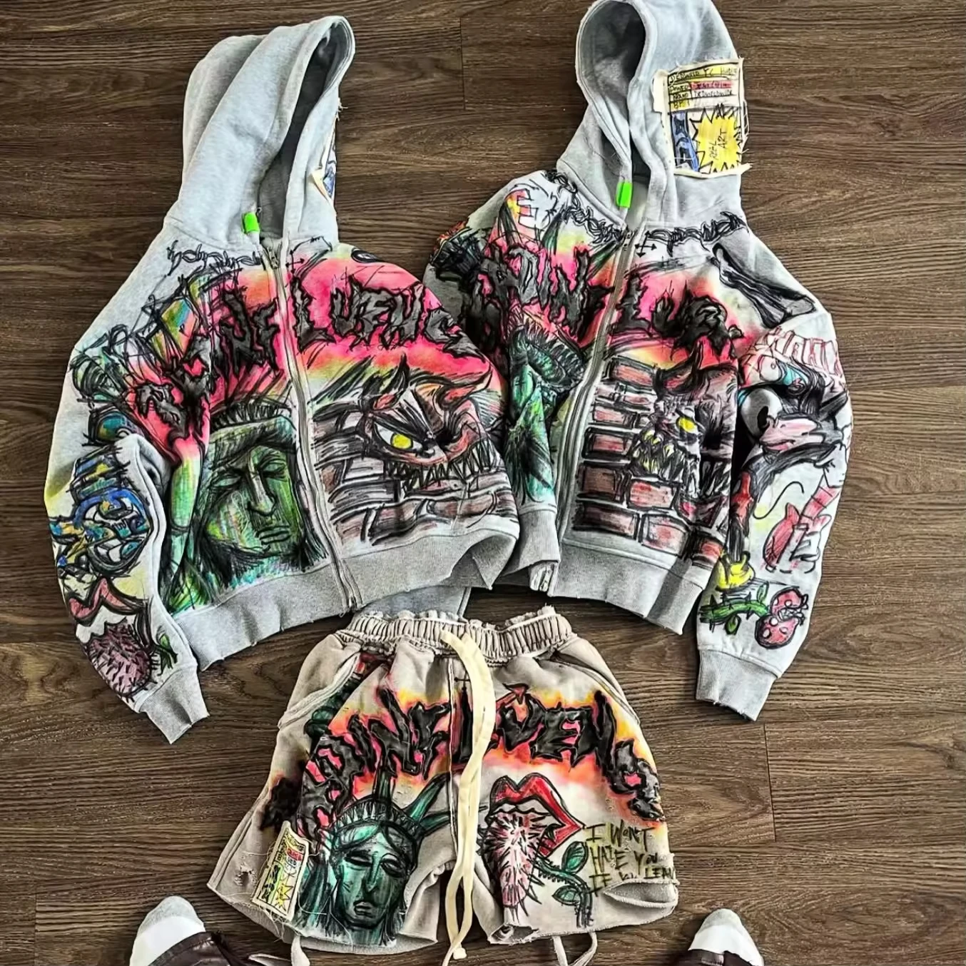 Custom-Made Acid-Washed Imprinted Zipper Hoodies Streetwear Clothing Vintage Stone Graphic Applique Embroidery