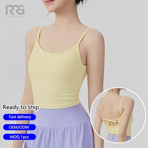 Roregal Square-Neck Spaghetti Strap Tie-back Design Women's Barely-There Workout Tank Top Built-in Padded Cups