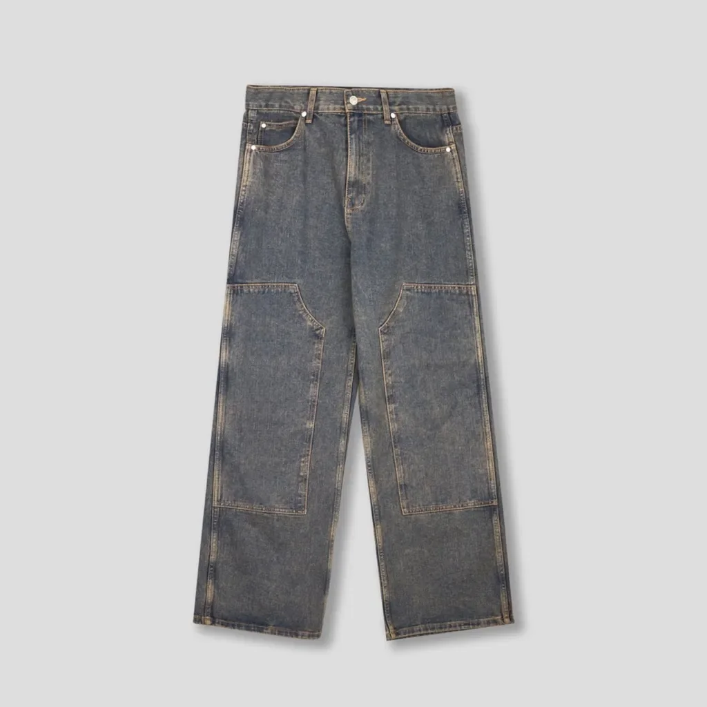 Men Street Wear Manufacturer Baggy Denim Washed Dying Double Knee Zipper Jeans Pants