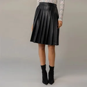 Clothing Manufacturer Spring Autumn Custom High Waist Elegant Casual Women Leather Pleated Black Skirt