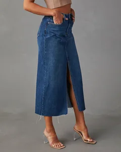 Split Denim Skirt High Waisted Washed Women's Skirts