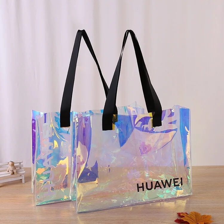 Wholesale 500pcs/Lot Custom Logo Printed Luxury Clear Iridescent Tote Bag  Holographic PVC Handbag Gift Wrap Bags with Handle Ads - AliExpress