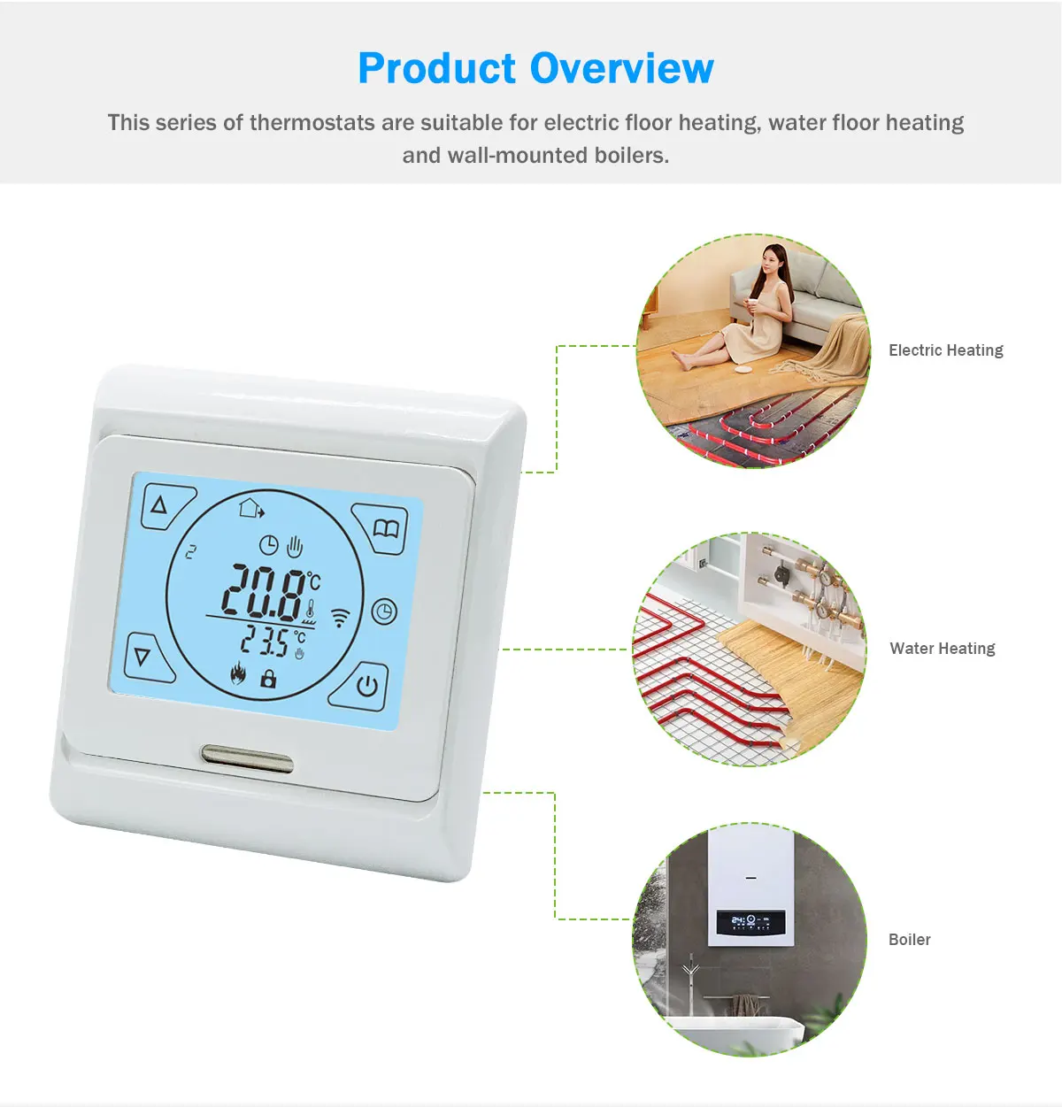 View of WiFi Smart Gas Boiler Thermostat Touch Screen Programmable Floor Heating Parts for Apartment Use ...