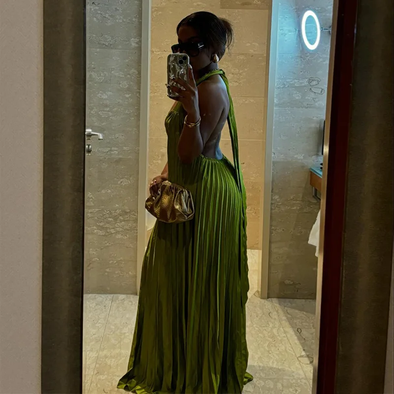Good Quality Solid Color Pleated V Neck Halter Elegant Ladies Casual Maxi Dresses