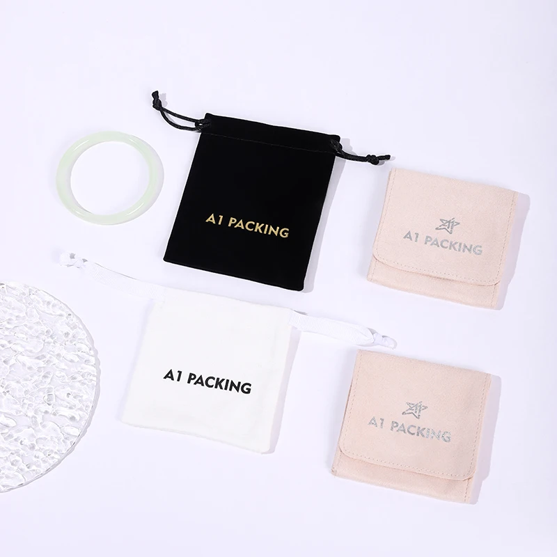 A1 Luxury Paper Jewelry Gift Bags Drawstring Pouch Storage Package Rings Necklaces Bracelets CMYK/Pantone Color Embossed Logo details
