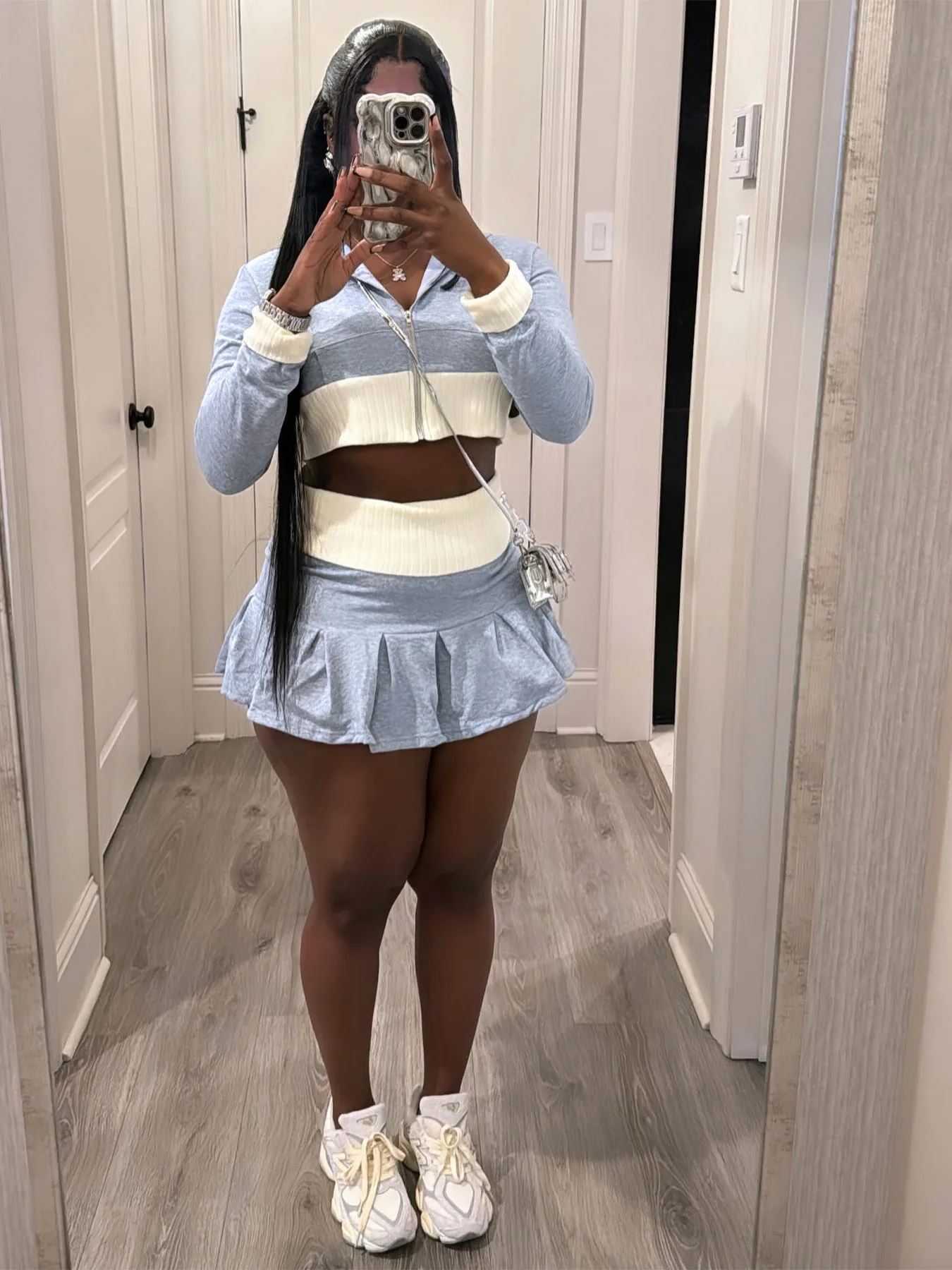 New Arrival Fall 2 Piece Set Women 2024 Color Splicing  Long Sleeve Crop Top Hooded Zipper and Pleated Mini Skirts Outfits