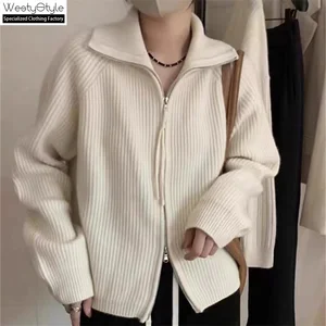 New Fashion Solid Color V Neck Autumn Cardigans Women Wholesale Casual Knitted Regular Zipper Front Polyester Breathable