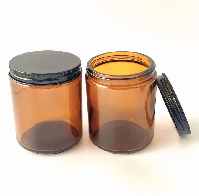 8 OZ Thick Amber Round Glass Jars with Black Metal Lids Empty Candle ...