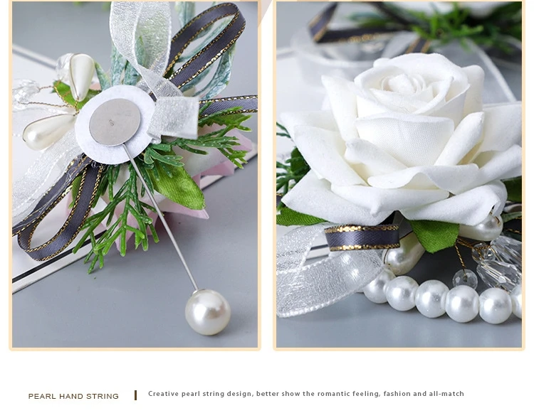 KEWEI 668 Wrist Corsage Flower Boutonniere Wedding Bracelet Bridesmaid Silk Flower Wrist Pearl Bracelet
