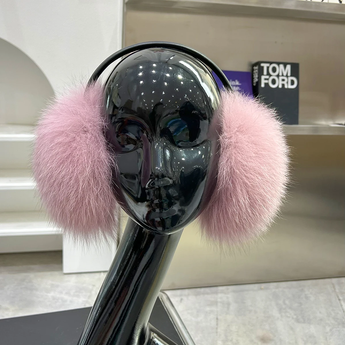 Genuine Fox Fur Earmuffs – Pink Color Foldable | Velvet Band Buy In Bulk Hot Pink Earmuffs Soft Fur & Foldable Design  main image 3