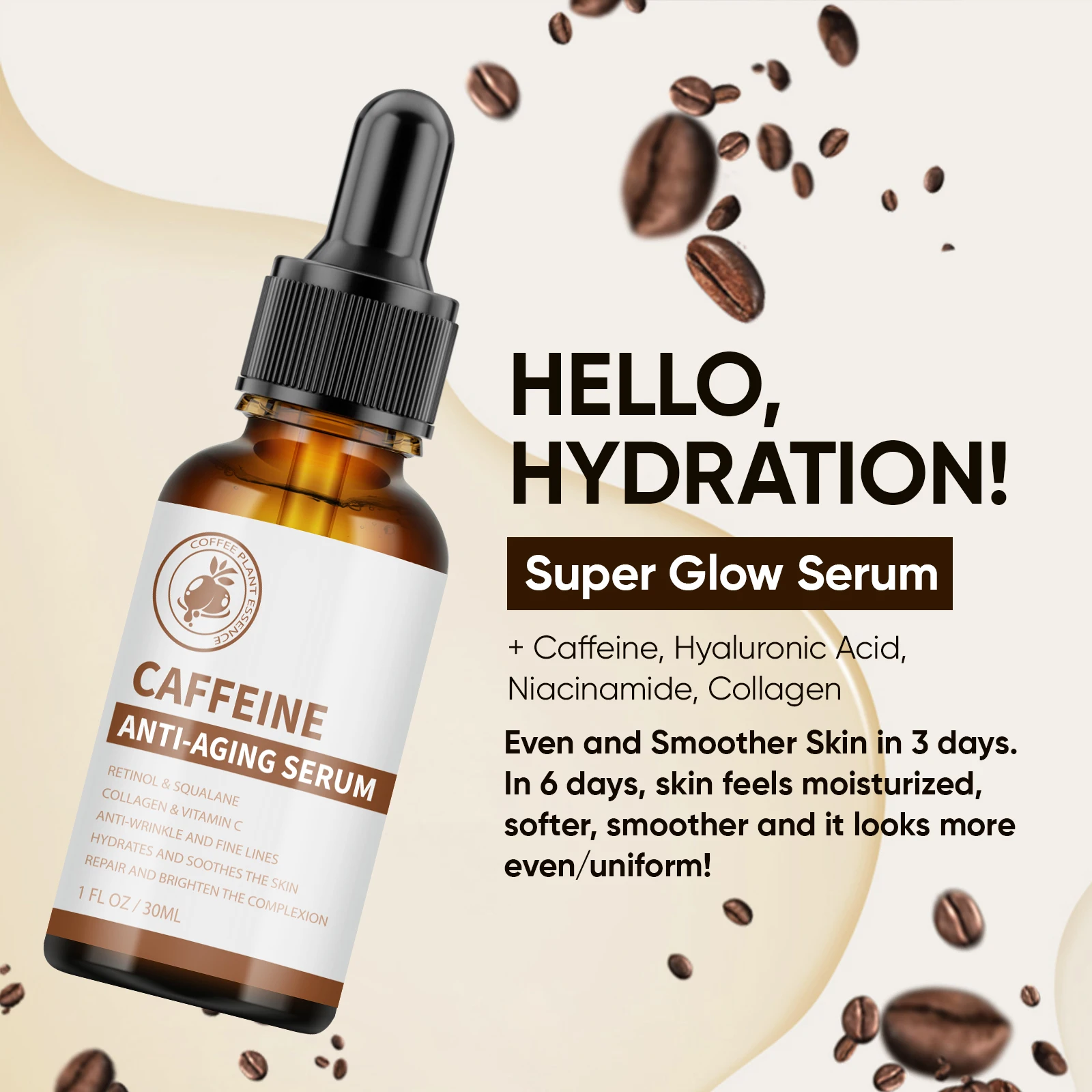 30ml Caffeine Face Serum Skin Care Collagen Retinol Face Brightening Caffeine Anti Aging Facial