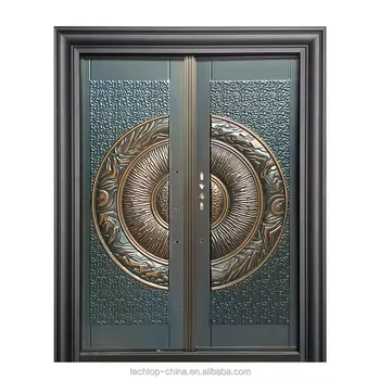 TECHTOP Luxury Classic Steel Double Door Front Entry Non-Standard Security Main Gate for Villa Pooja Room Church Detailed Design