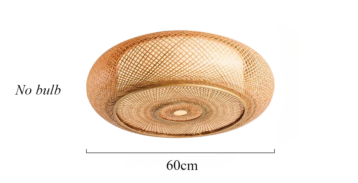 Luminária de teto redonda de bambu artesanal moderna e natural com LED, ideal para quarto e sala de estar. Lustre de bambu com lâmpadas._voghion.com