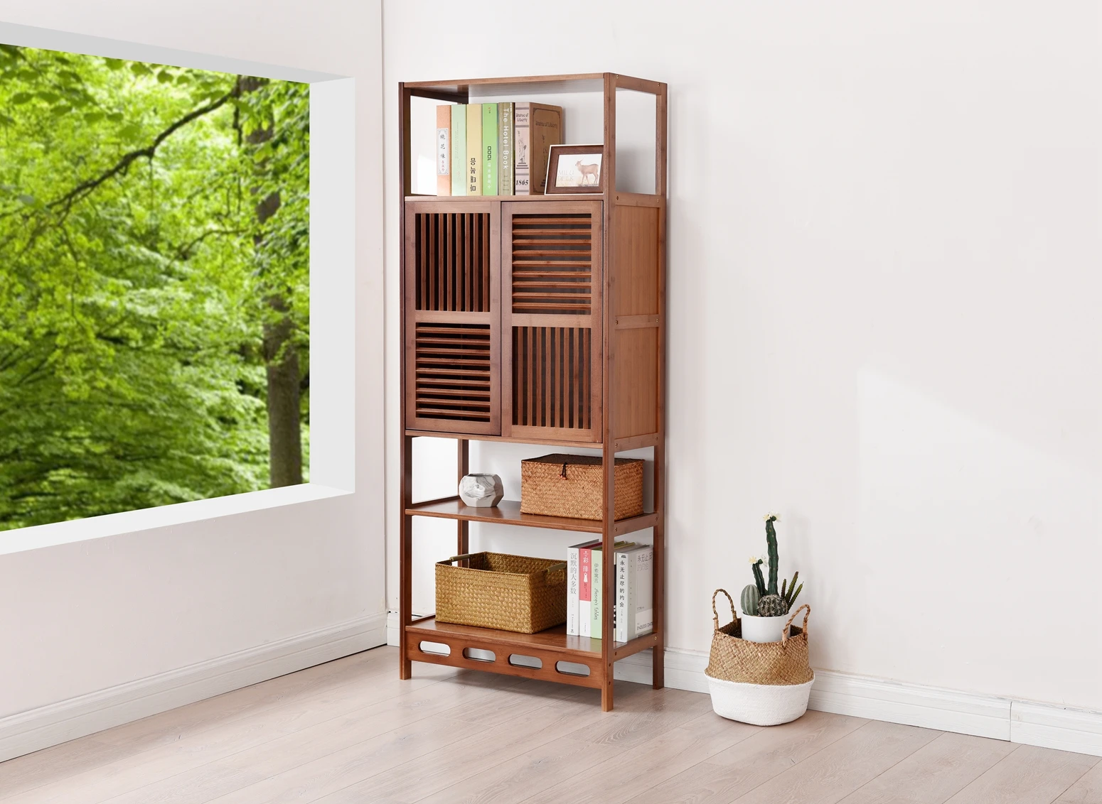 Modern Wooden Bamboo Book Shelf With Doors Bamboo Storage Rack For