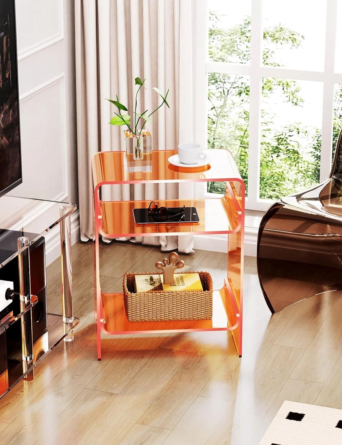 Orange Acrylic End Table With Storage Shelf 17.7x22.8x11.8 Nightstand for Record Players Clear Side Display Rack