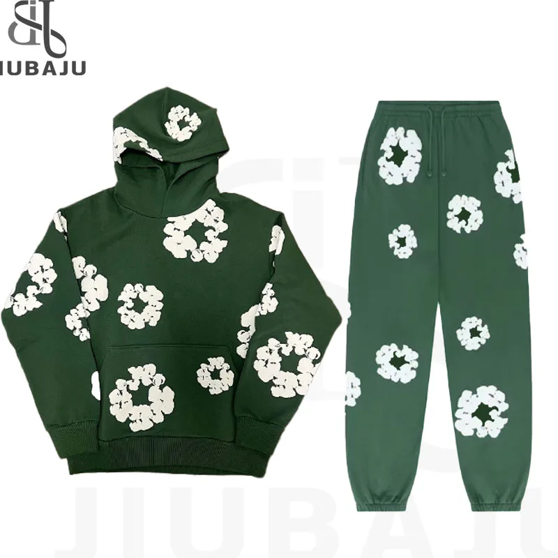 Flower Print Hooded Sweat Set Women 2024 Autumn Winter Fashion Women