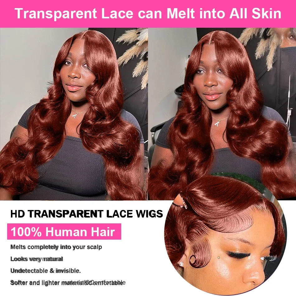 250 % brasilianische 30 32 Zoll rötlich-braune Body Wave Lace Front Perücke Echthaar Wasserwelle HD Lace Frontal Perücken für Frauen_voghion.com