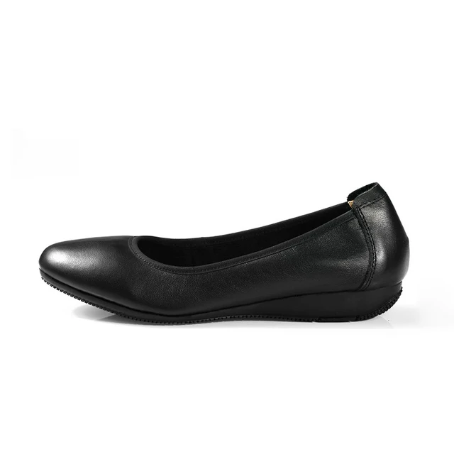 Hard-wearing round toe genuine leather black flat low thick heel 5cm comfortable office work shoes for women ladies flat shoes