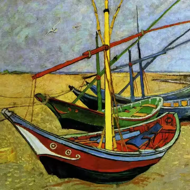 Hand-Painted Impressionist Landscape Oil Scenery Van Gogh's Famous Fishing Boats on Beach Canvas Support Base Reproductions