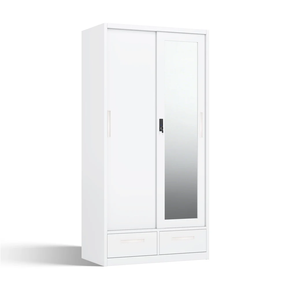 Steel Printed Wardrobe with Sliding Doors Mirror and Dual Drawers 900mm Knock Down Flat Pack