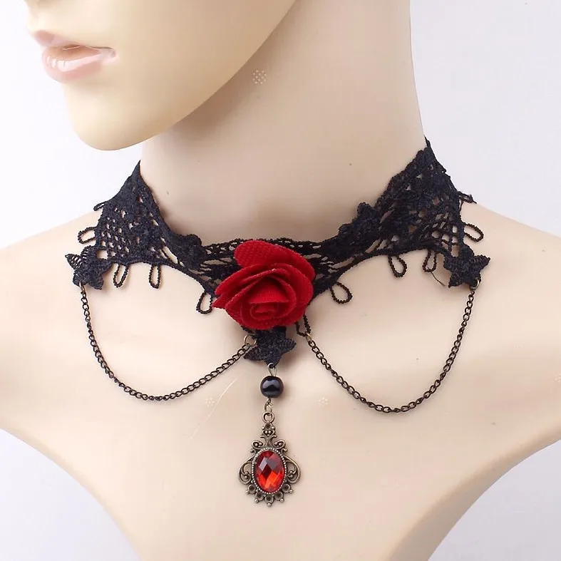 Elegant Red Flower Gemstone Pendant Necklace