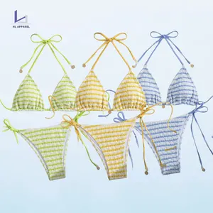 Huili Manufacturer Swimsuits Two Piece Beachwear Custom logo Triangle Striped Water Ripple Halter Tie Side Bikini Set for Women