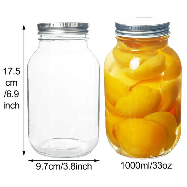 Large 1000ml Transparent Glass Food Storage Bottle High Temperature Resistant Restortable Mason Can Plastic Cap Candy Storage