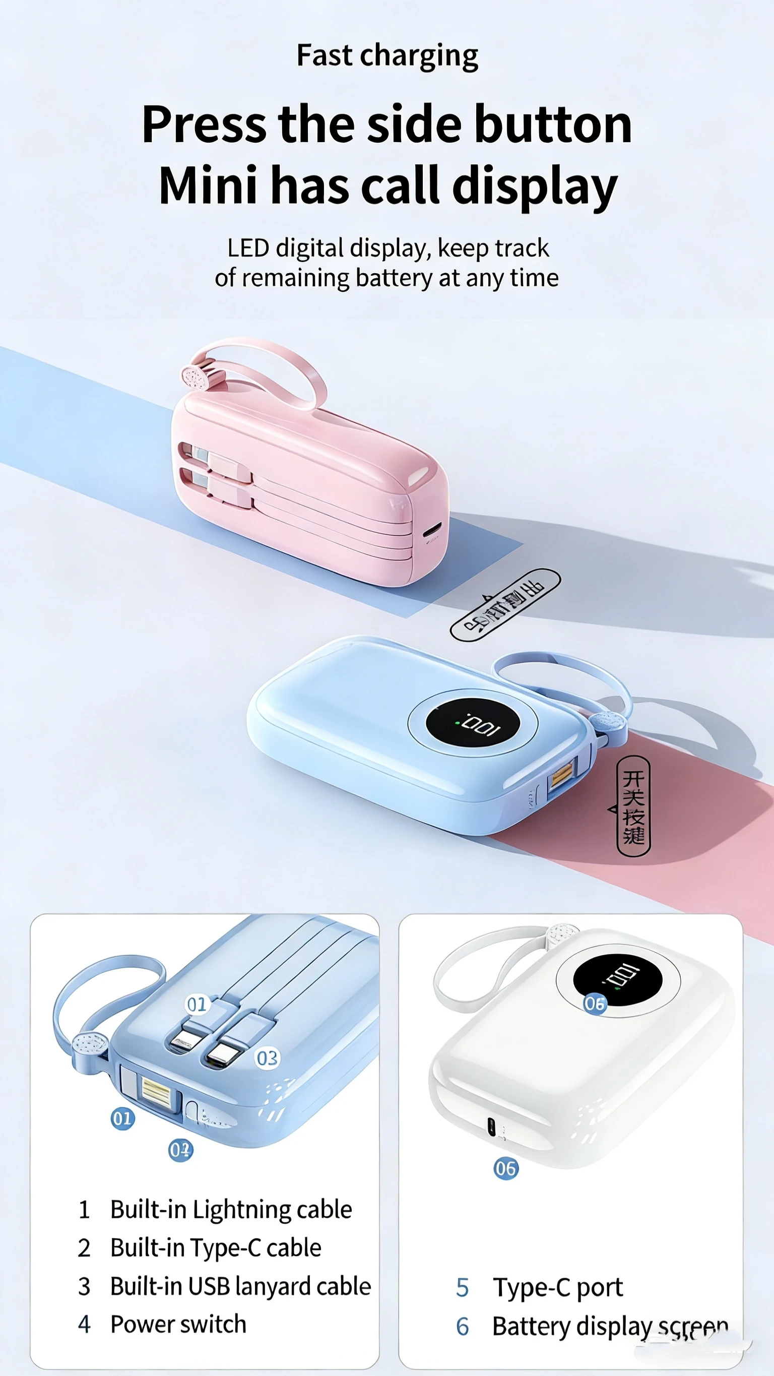 NINER9 Mini Built-in Cable Power Bank Super Fast Charging Mobile Power Supply Type-C/USB Interfaces Custom Logo for Promotional preview 6