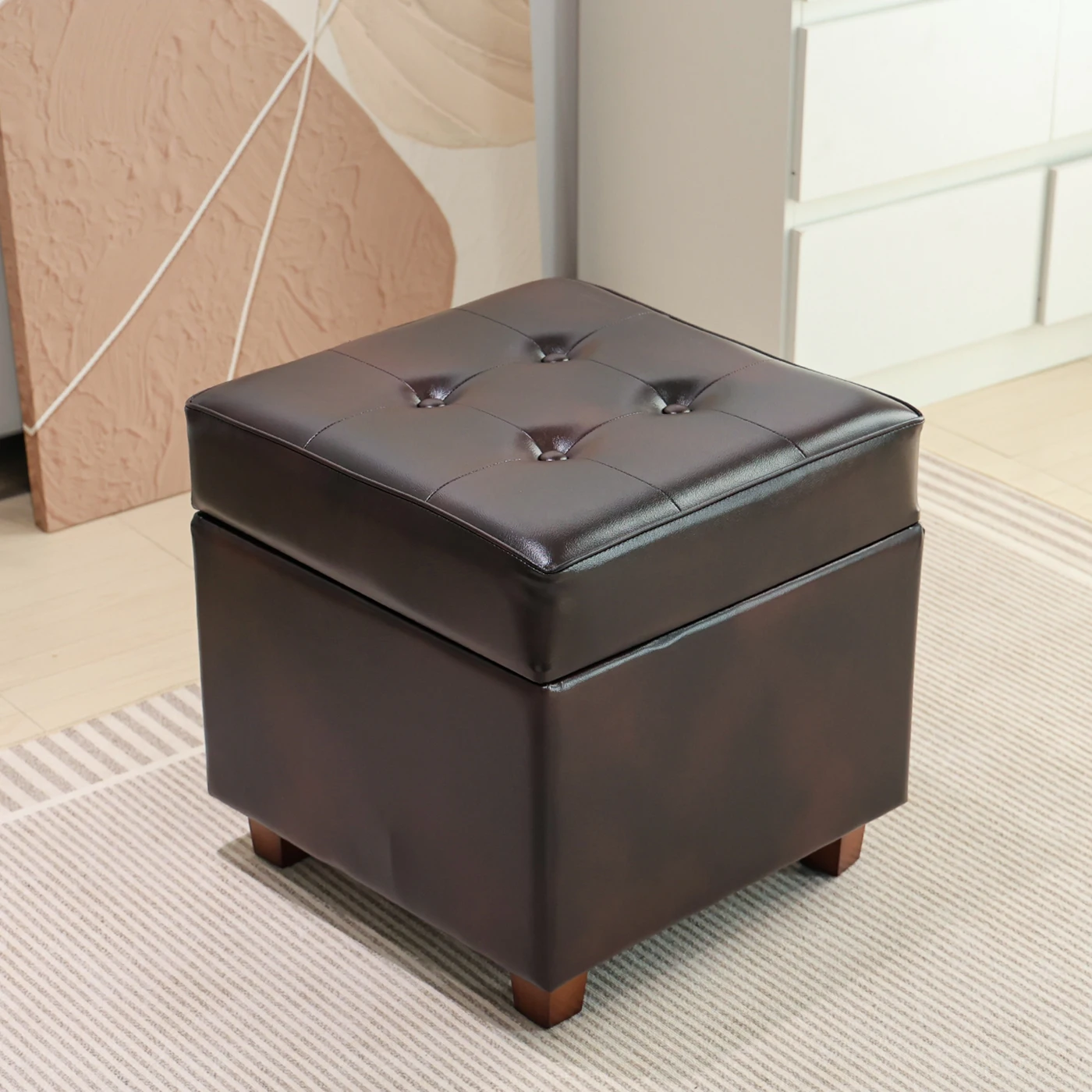 2025 Cube PVC Pouf Ottoman with Storage Set Leather Stool for Living Room