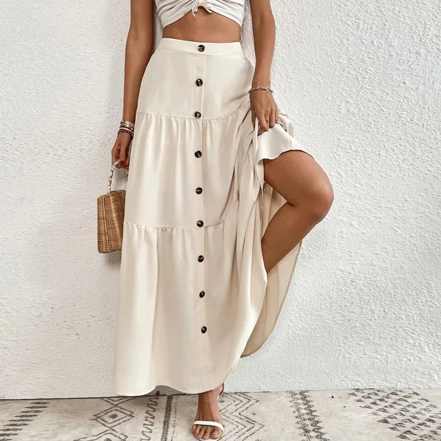 Women's fashion elastic waist cake skirt button decoration temperament casual vacation skirt