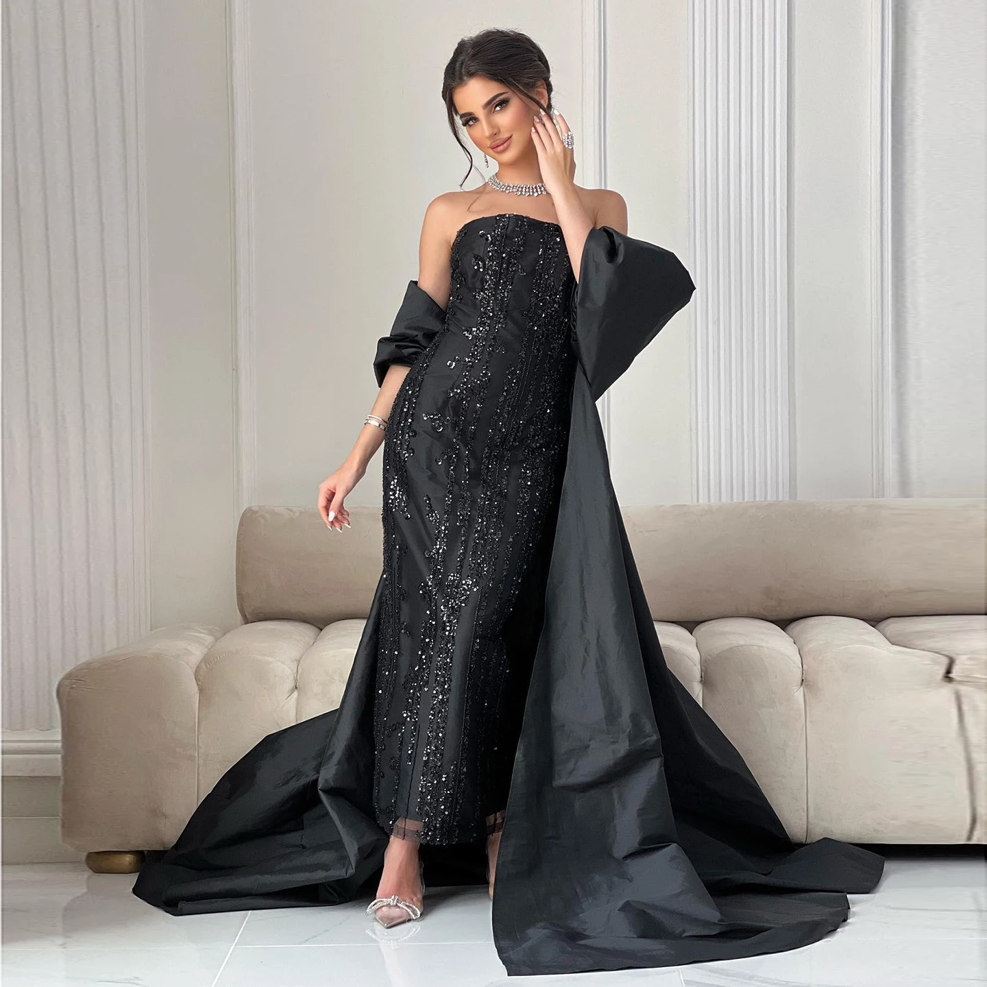Sharon Said SS454 Luxury Black Strapless Evening Dress with Cape Beaded  Dubai Off Shoulder Evening Dress Women Wedding Party