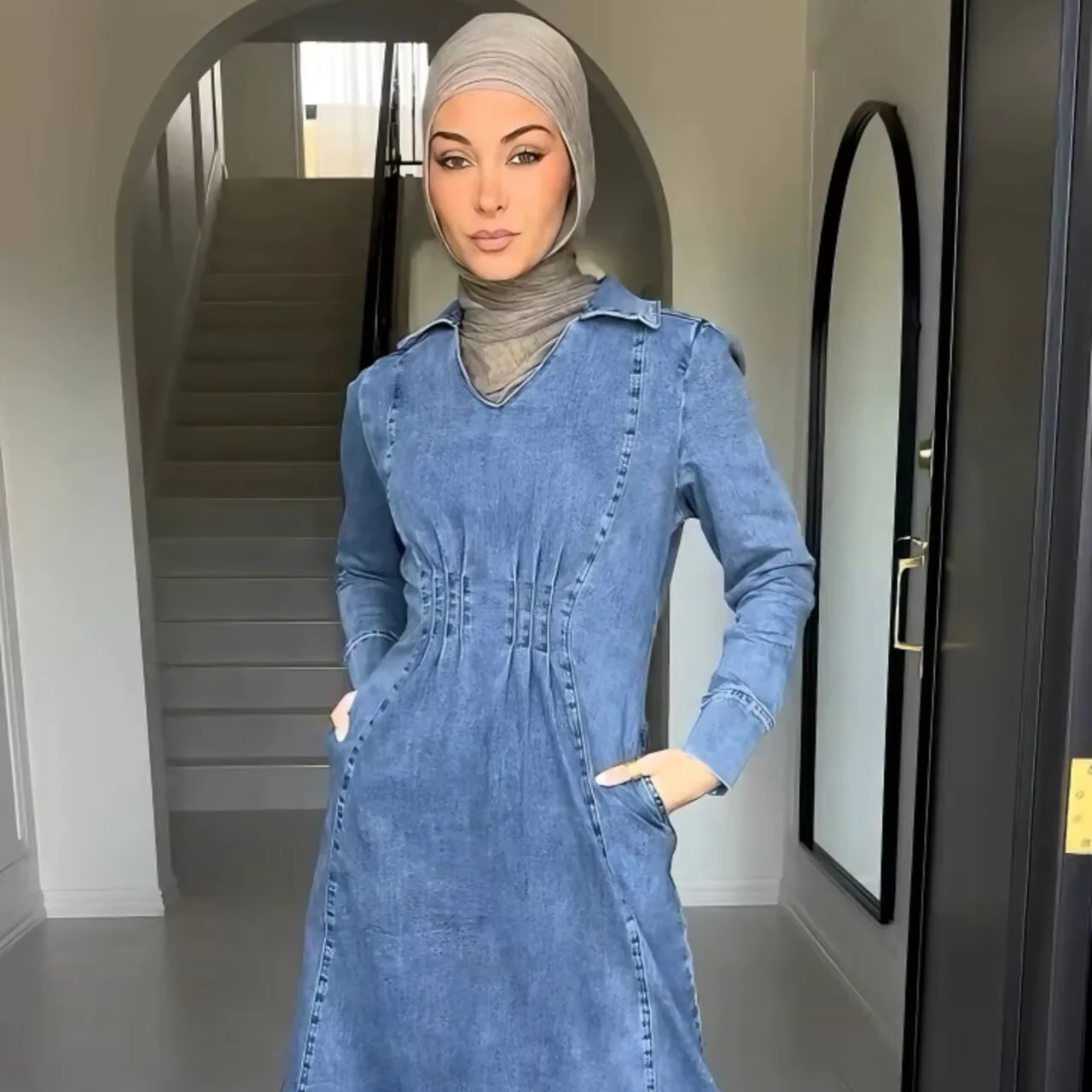 denim dress hijab style Denim Dress Hijab Style Elegant Muslim Womens Denim Abaya Dress Ramadan  Islamic Maxi