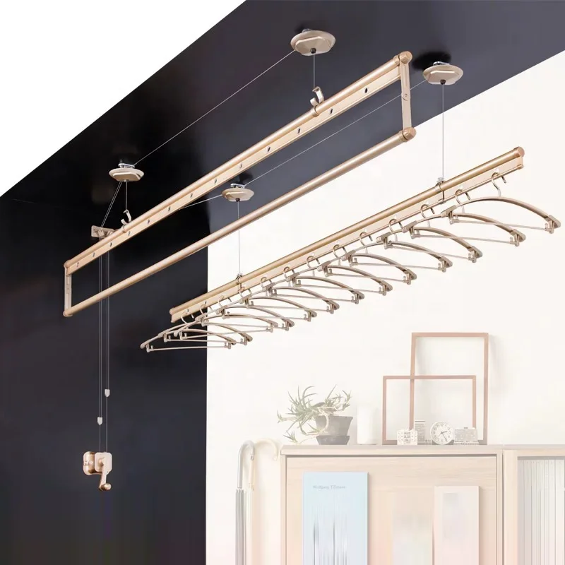 Aluminium Manual Lift Ceiling-Mounted Clothes Drying Rack Fabric Home Laundry Hangers for Pants and Coats for Balcony Use