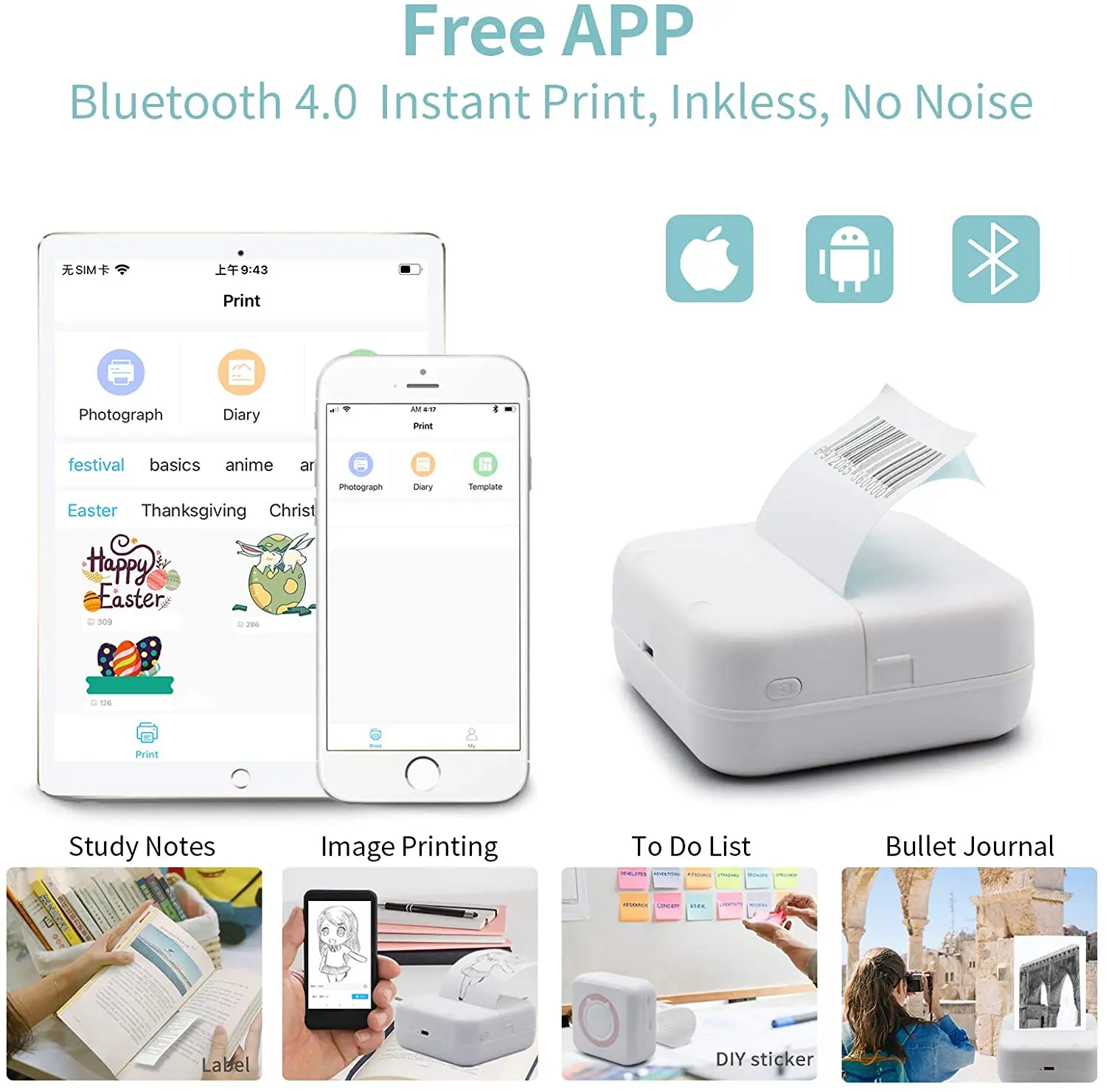 200dpi Portable Smart Photo Printer Mini Wireless Bt Thermal Zero Ink