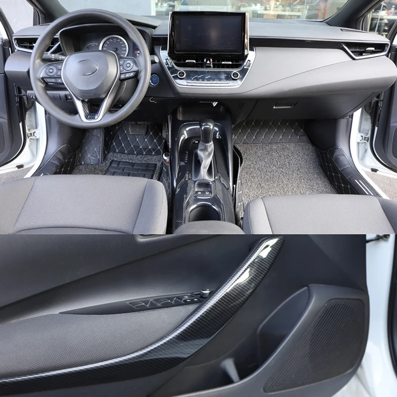 Pack Accessoires Intérieur Fibre De Carbone Pour Toyota Corolla E210 Hybride 2019-2024 - Lève-vitres, Panneaux, Boutons, Acier Inox Look Premium